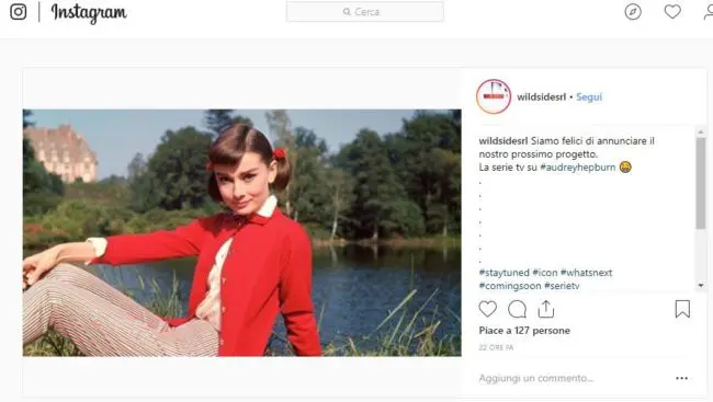 Screenshot del profilo Instagram Wildside che annuncia la serie tv su Audrey Hepburn